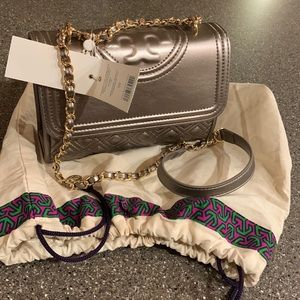 NWT Tory Burch Fleming color block small convertible shoulder bag in pewter